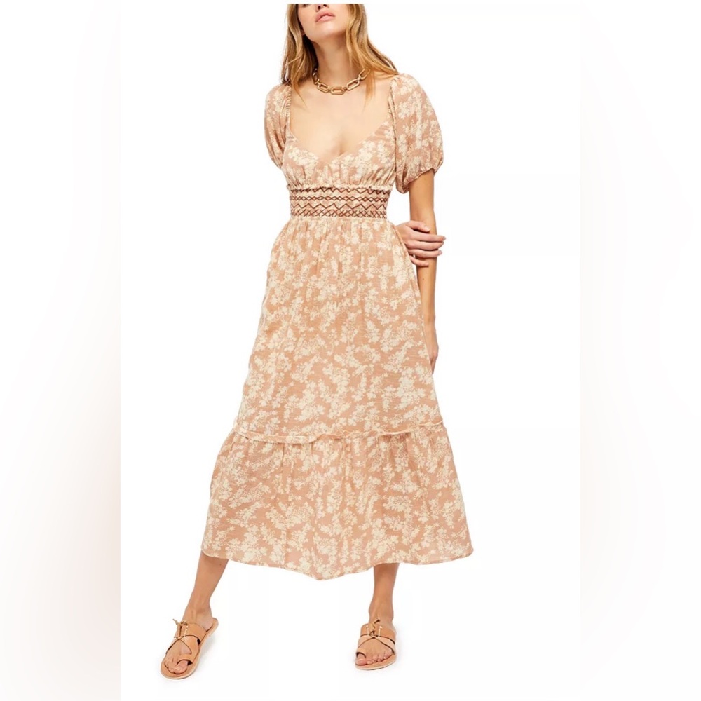 Free People Ellie Peach Floral Puff Sleeve Midi Dress
